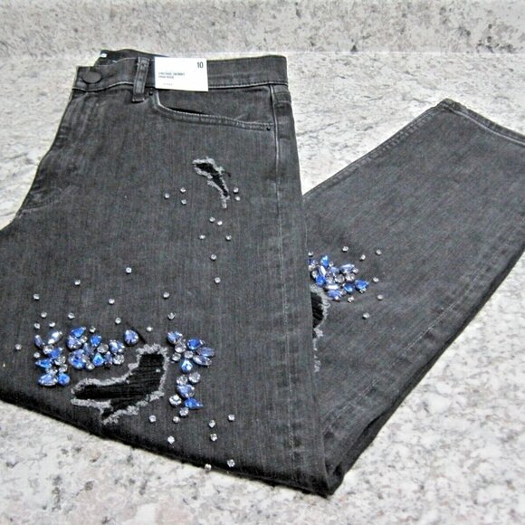 High Rise Black Embellished Ripped Ankle Jeans Size 10 Express NWT $128 - Picture 2 of 13